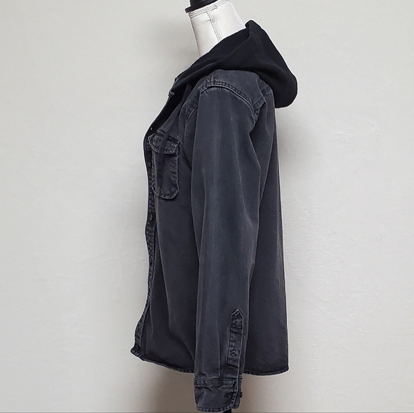 VINTAGE 80s Black Denim Contrast Hood Long Sleeve Button Up Grunge Jacket Medium - Picture 8 of 12